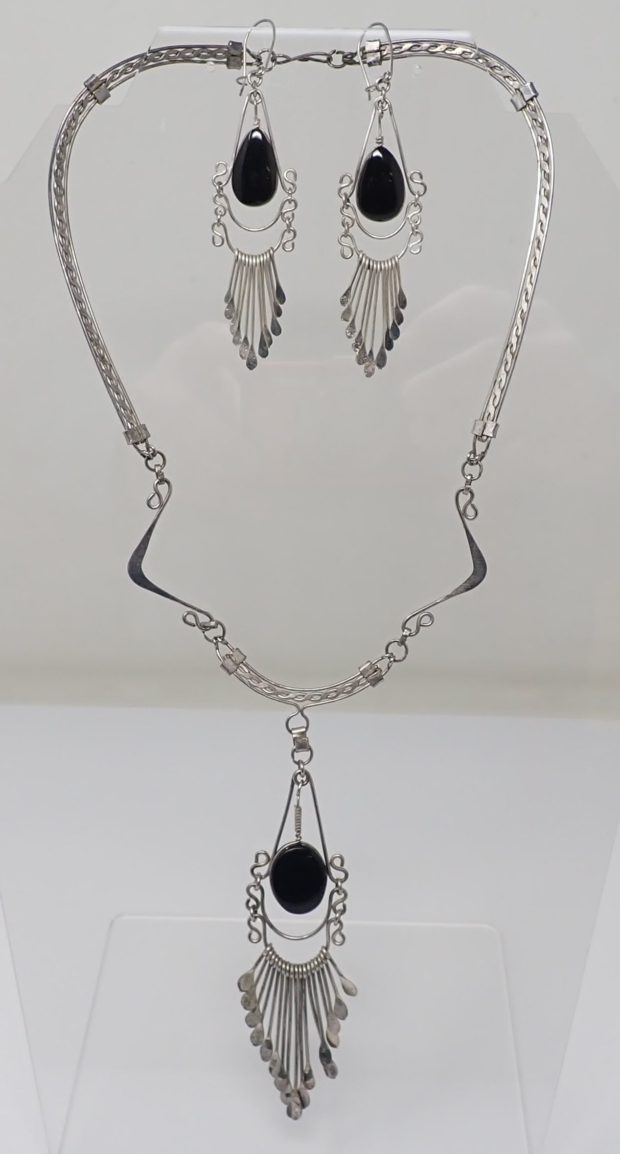 Silver and Black Onyx  Tassel Necklace and Earring Set (1 of 4)