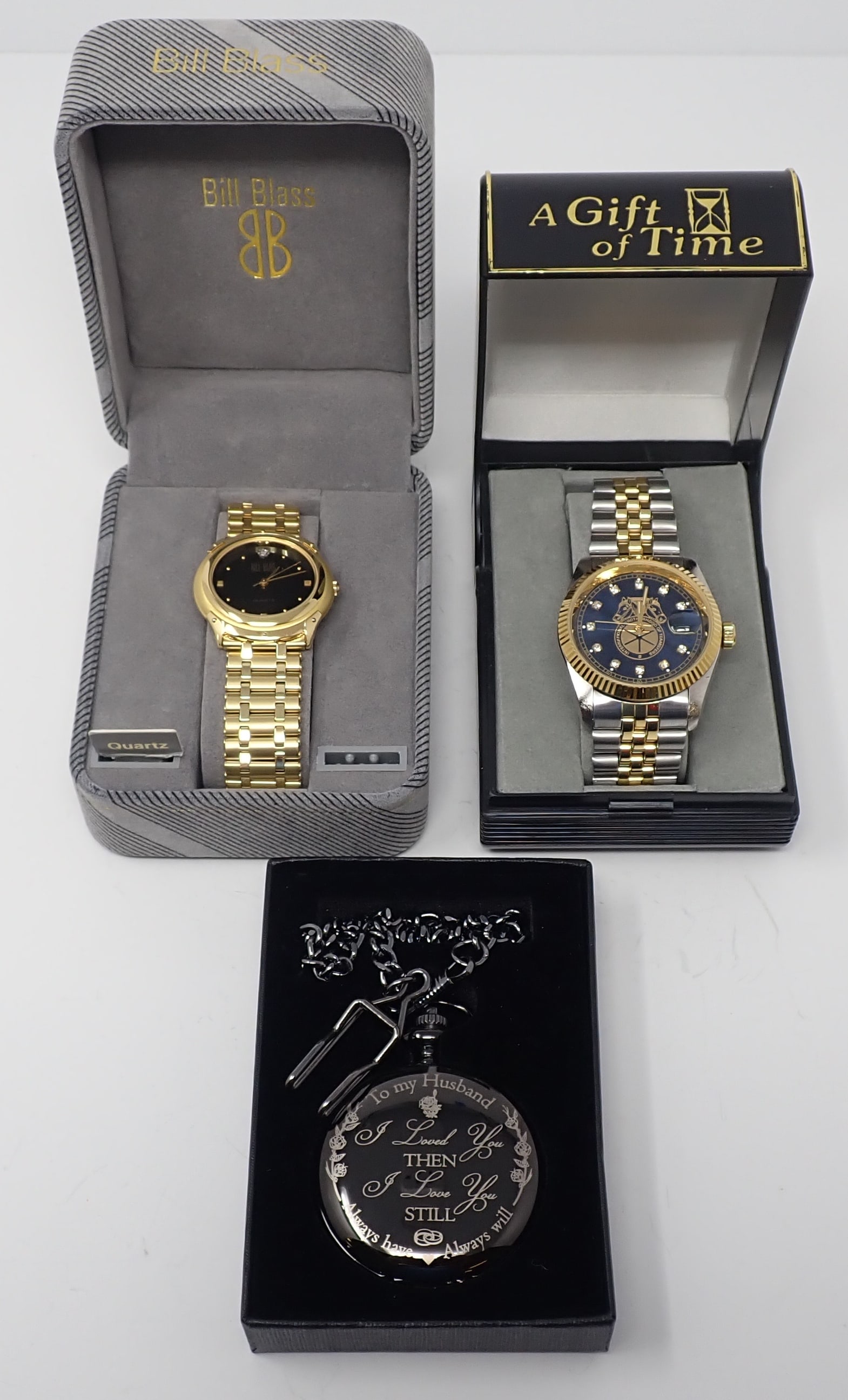 3 Men's Watches: Includes a Bill Blass wrist watch, Quartz, base metal and stainless steel, housed in original display box; International Brotherhood of Teamsters wrist watch with horse heads displayed on dial, stainl