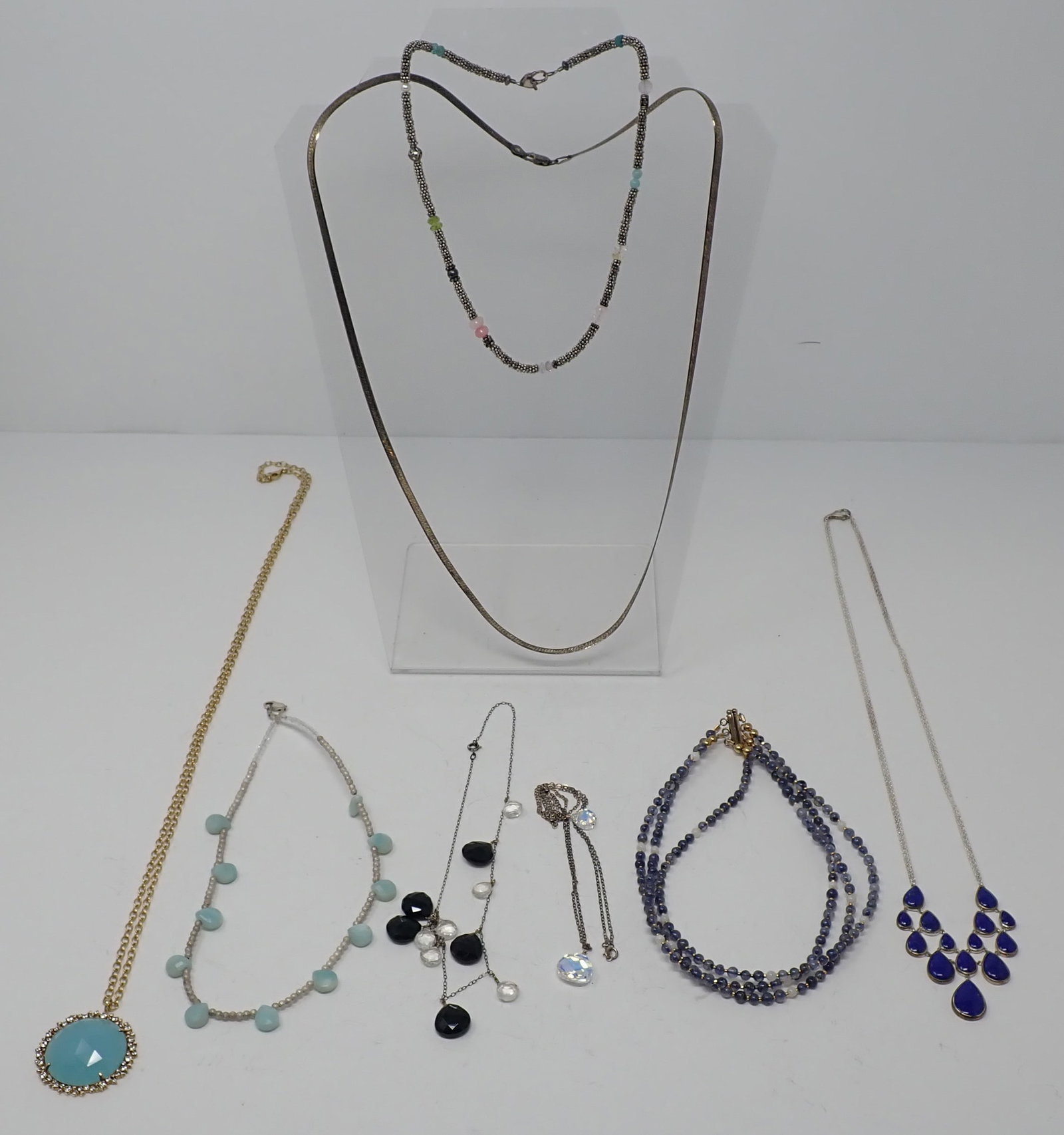 Sterling and Vermeil Grouping of Necklaces: Group of 8 various styles including herringbone chain; beaded gemstones and crystals, etc.