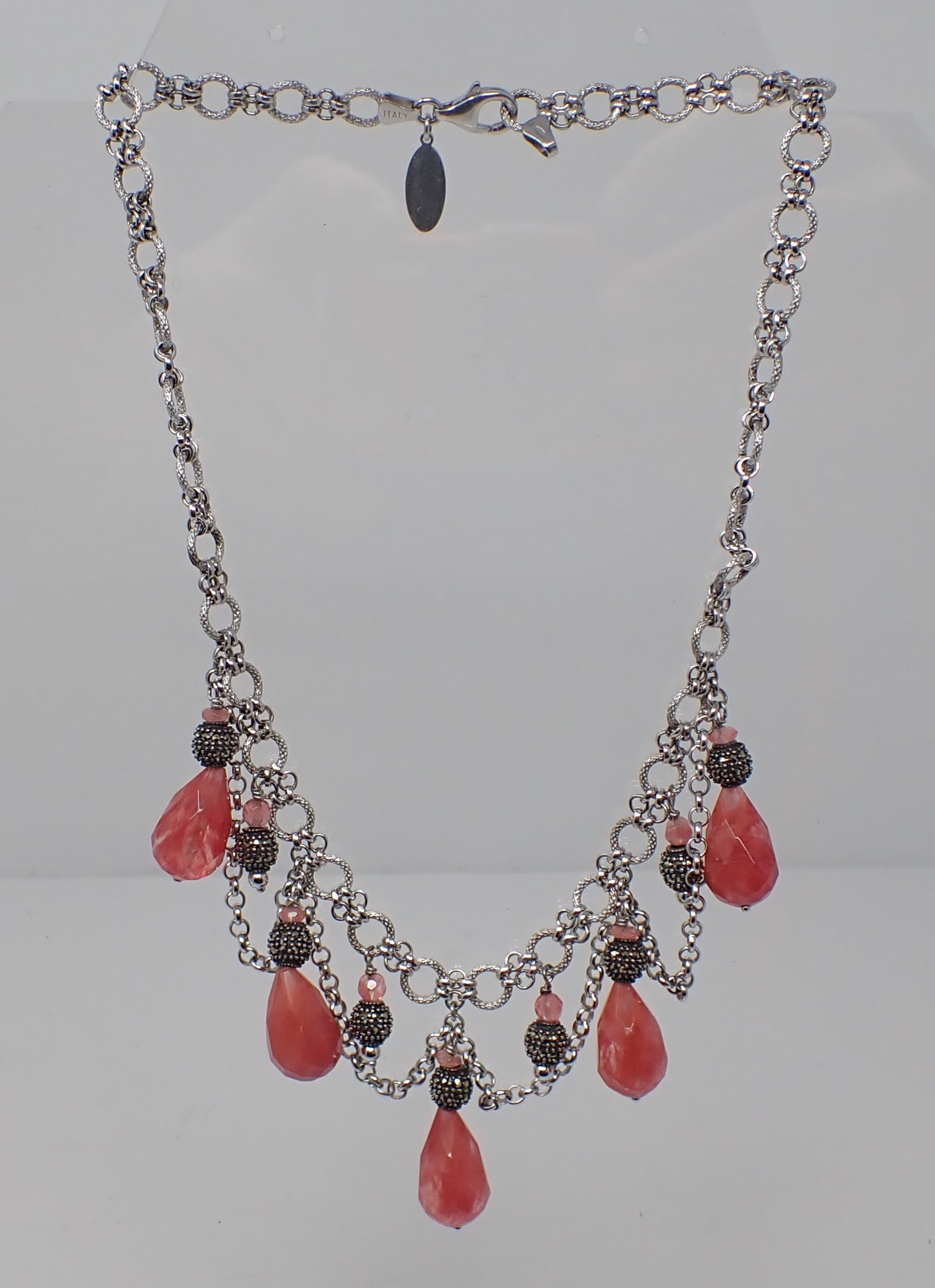Judith Jack Sterling Necklace: Ornate 16" chain with draped chain, sterling and marcasite beads and briolette drops of swirl glass, metal tag at clasp. 1.40 ozt.