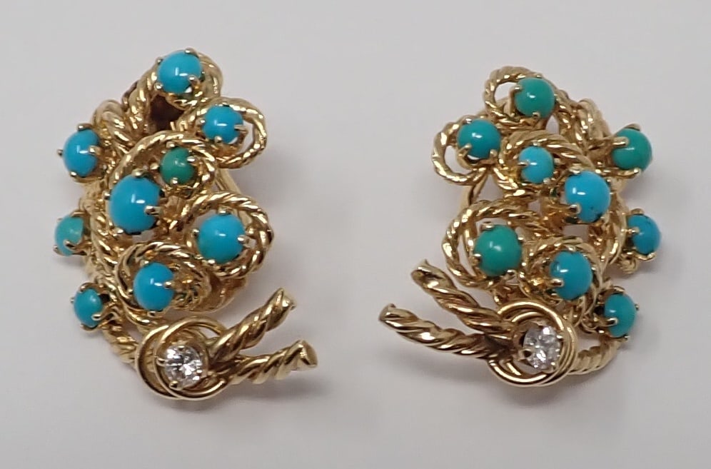 Gold and Turquoise Earrings: 14K yellow gold with a makers mark of "df" within a shield, "rope" construction with scattered turquoise cabochons and diamond accent, post backings with clip, 7.00 dwt.