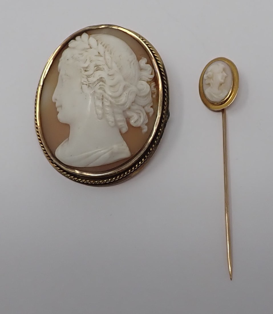 Gold and Shell Cameo Brooch and Stick Pin (1 of 6)