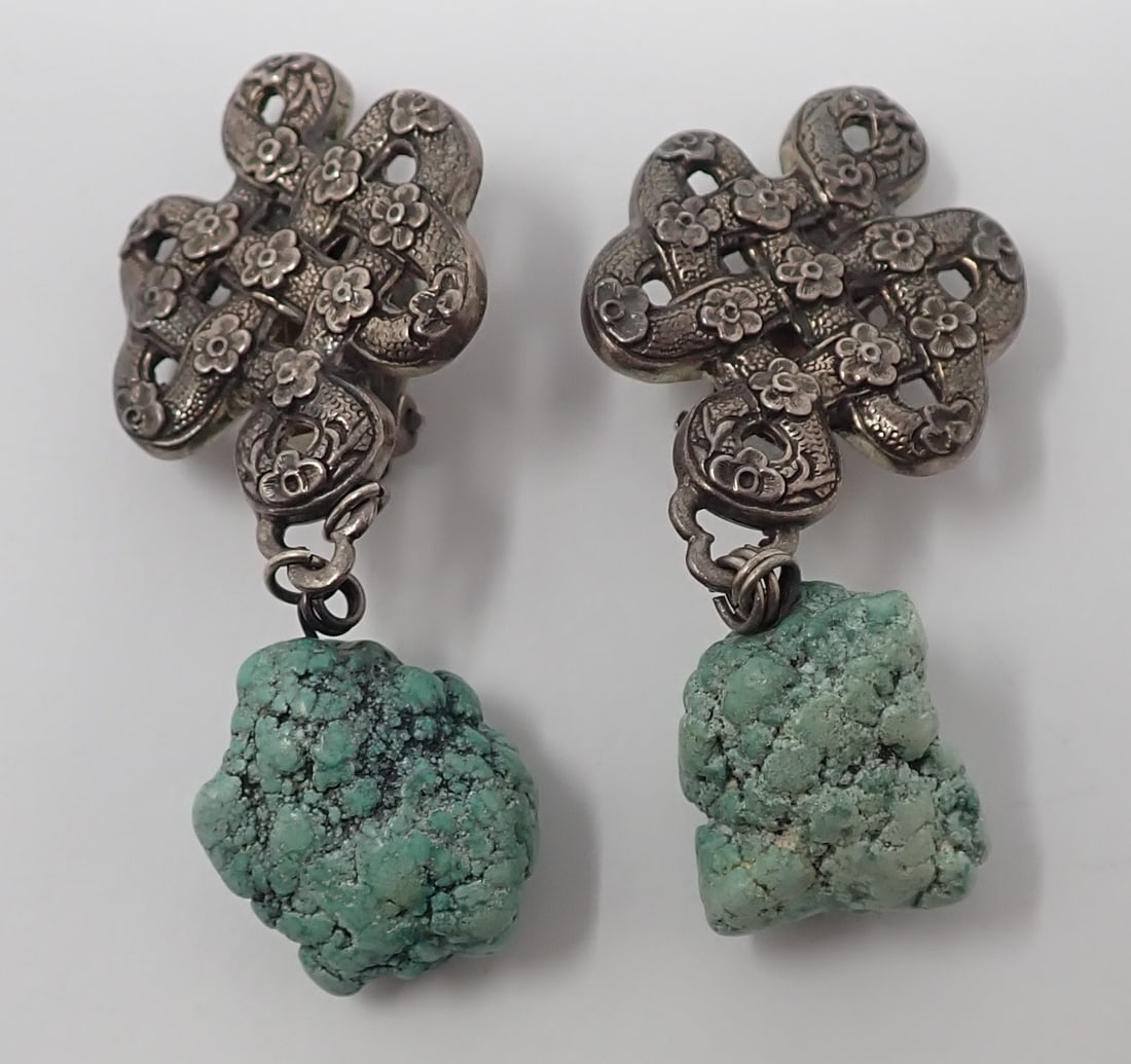 Stephen Dweck Earrings: Sterling clips with top intertwined design and turquoise nugget drops, 1.00 ozt.
