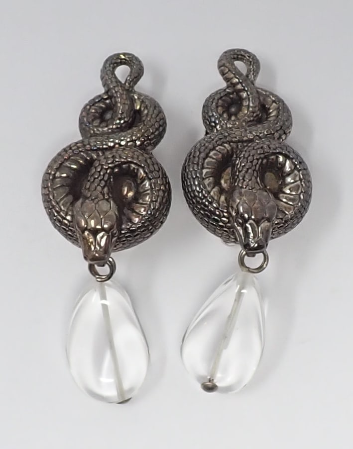 Stephen Dweck Earrings: Sterling clips with serpent top and crystal drops, 0.90 ozt.