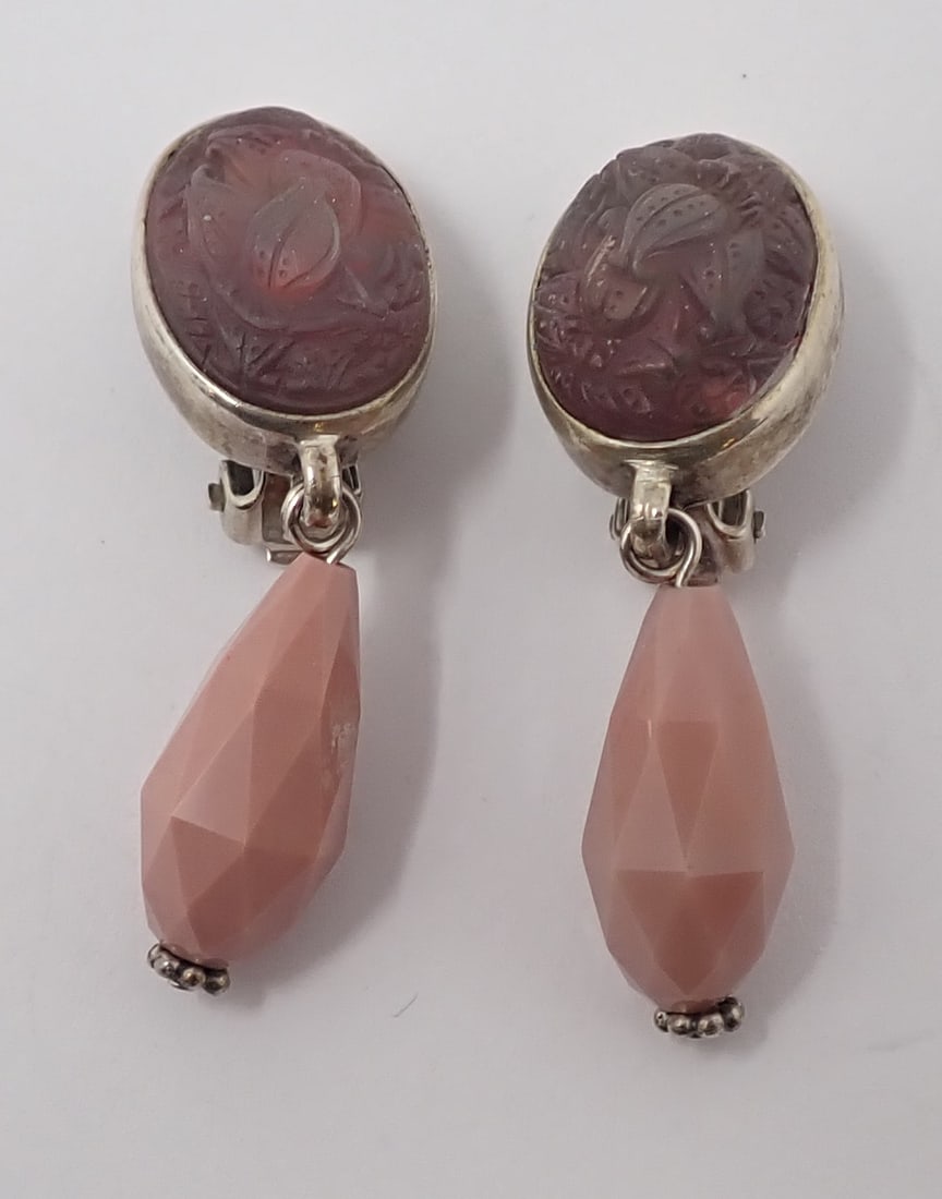Stephen Dweck Earrings: Sterling clips with carved crystal tops and rose colored glass drops.