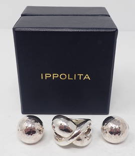 Ippolita Matching Earrings and Ring: Sterling electroformed puffy X style ring with hammered finish, ring size 8; along with sterling button style dome earrings with hammered finish, post backs with clip secure, 0.55 ozt total. Housed in