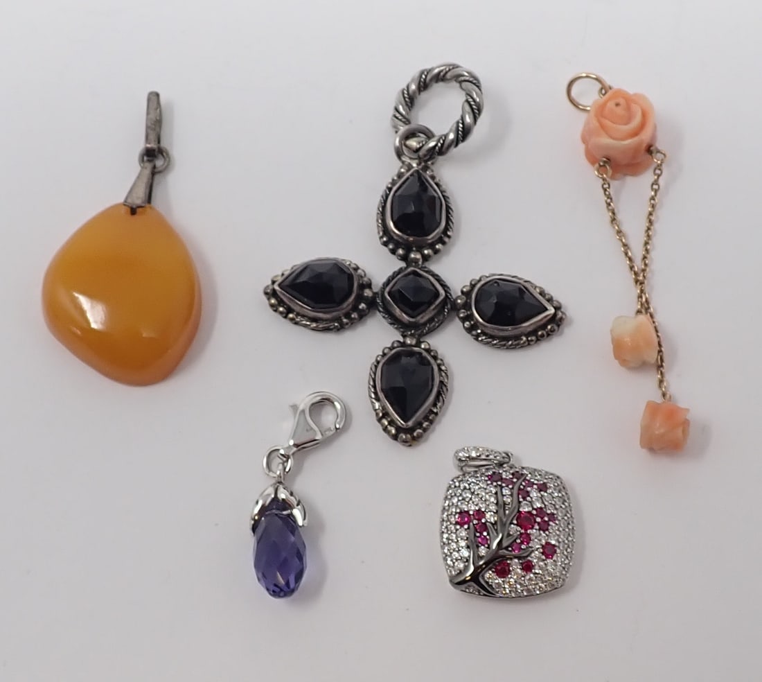 Lori Bonn Pendant and other Pendants: Includes a Lori Bonn sterling cross-type pendant with black faceted glass, sterling rhinestone encrusted with branch and red rhinestone berries; sterling charm with amethyst briolette drop; amber-type
