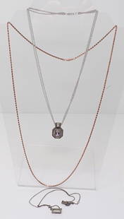 3 Sterling Necklaces: Including Ippolita Rose 18" petite chain with small rectangular pendant; 30" rose gold-tone chain and JJ pendant on an 18" double rolo link chain. 0.98 ozt total.