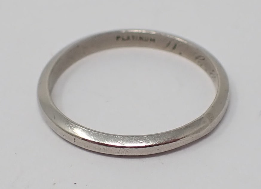 1920's Small Platinum Wedding Band: Platinum with one side showing linear decoration, interior personalized and dated 8-13-25, ring size 4, 1.04 dwt.