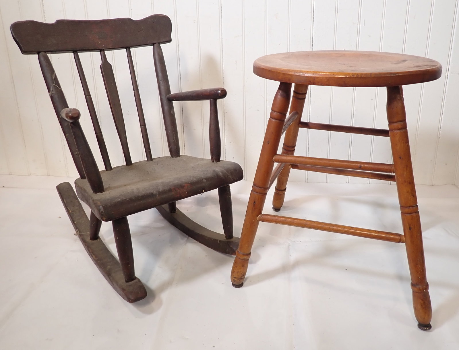 Stool & Childs Rocker: Stool is approx 14" in diameter and 17 3/4" tall. No in house shipping !