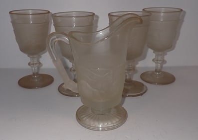 Frosted Pitcher & Goblets w/ Elk and Lions
