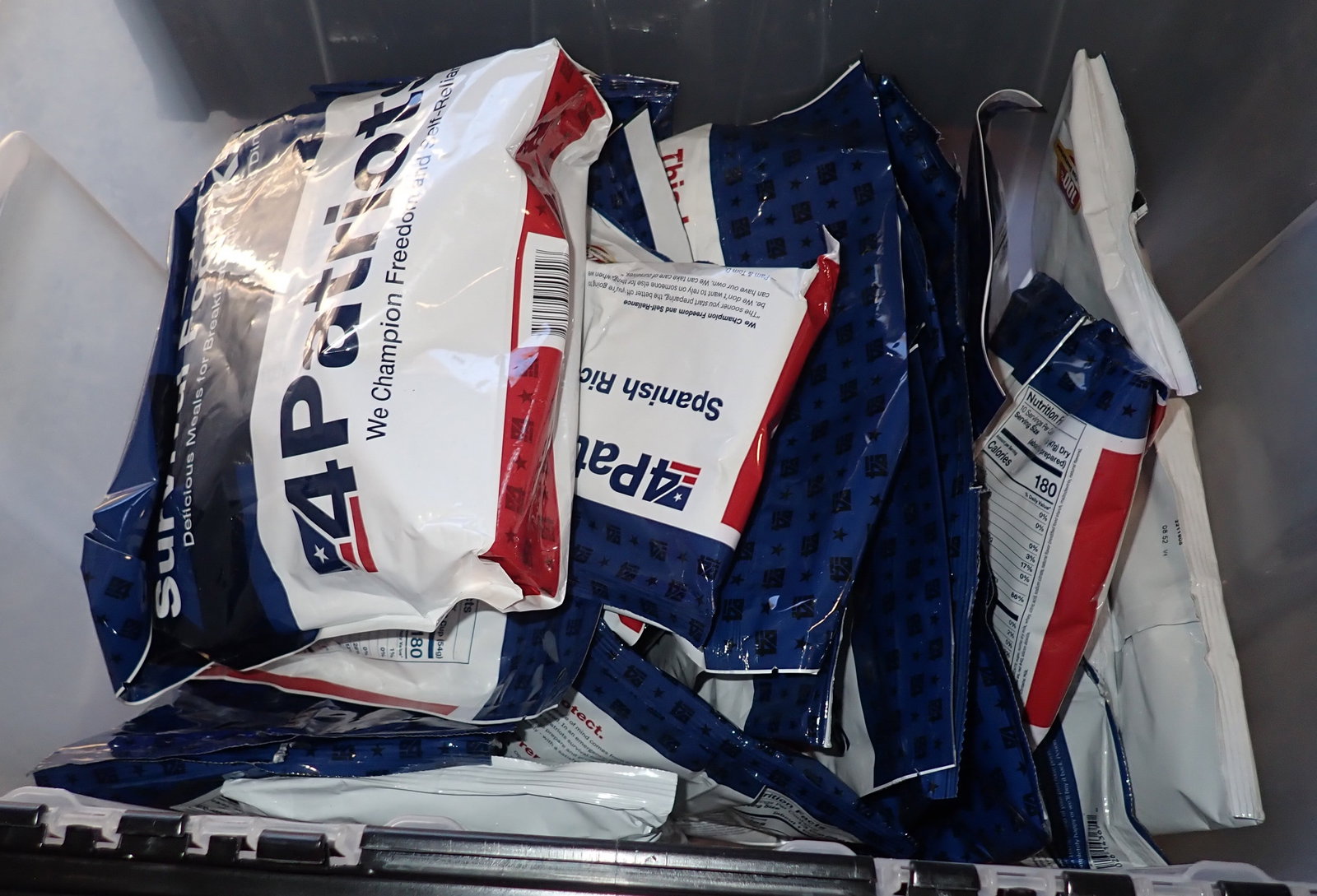 Tote of 4 Patriots Survival Food: Tote is apprx 15 1/2" x 22 1/4" x 12 1/4" tall. Shipping available
