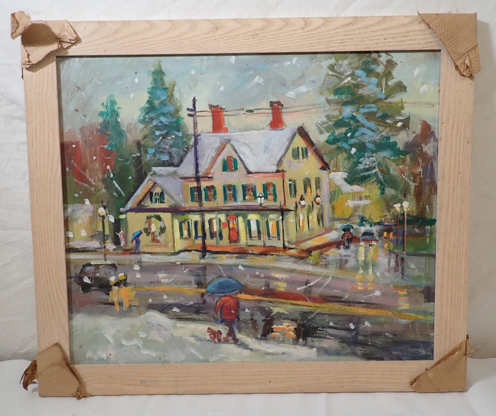 John Reilly Town Winter Scene Oil Painting: Signed oil on board painting - Apprx 23 3/4" x 27 5/8". Shipping available ($30 handling charge, plus postage)