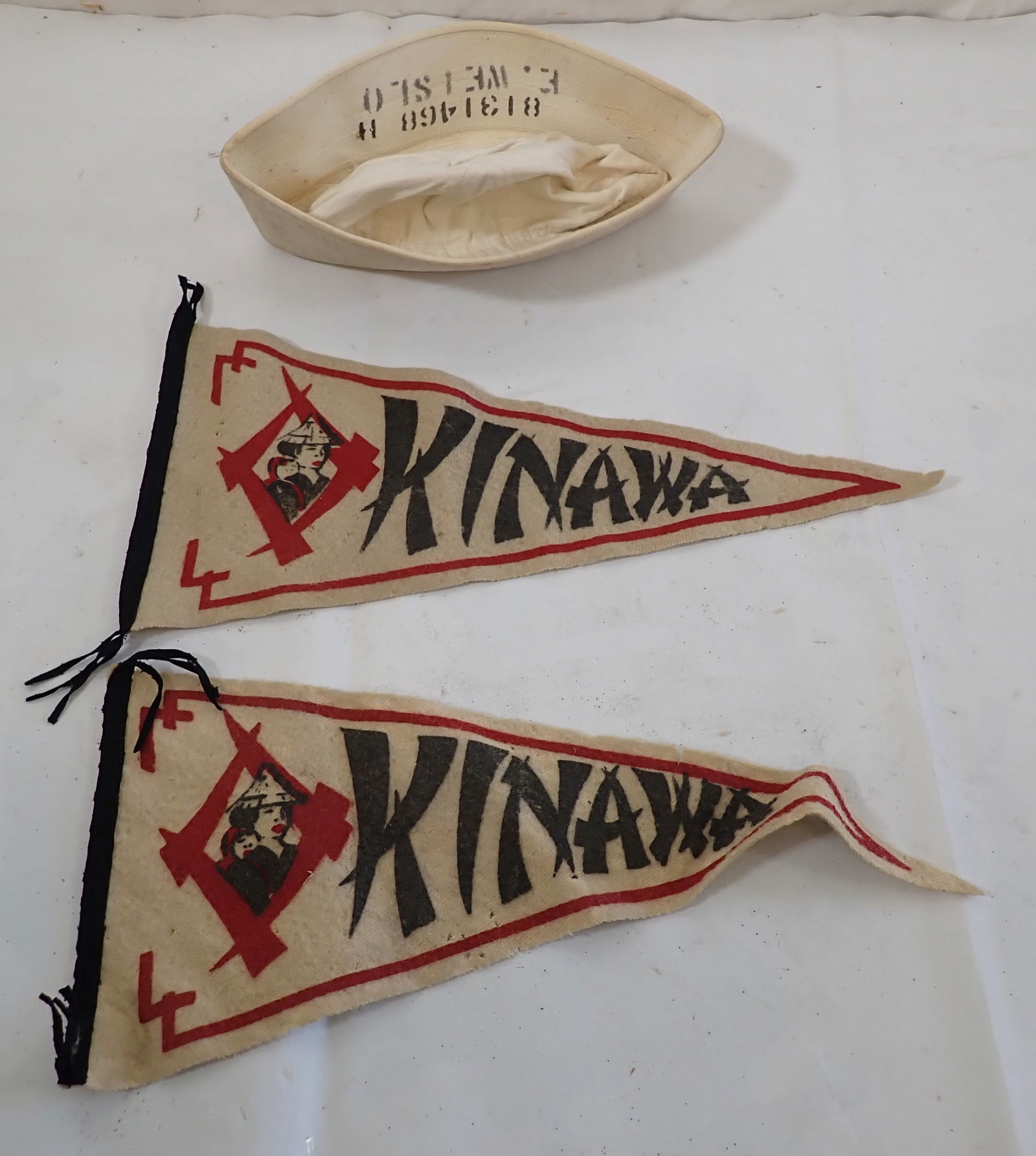 Kinawa Pennants & Sailors Hat: Pennants are approx 8" x 16 1/1". Shipping available