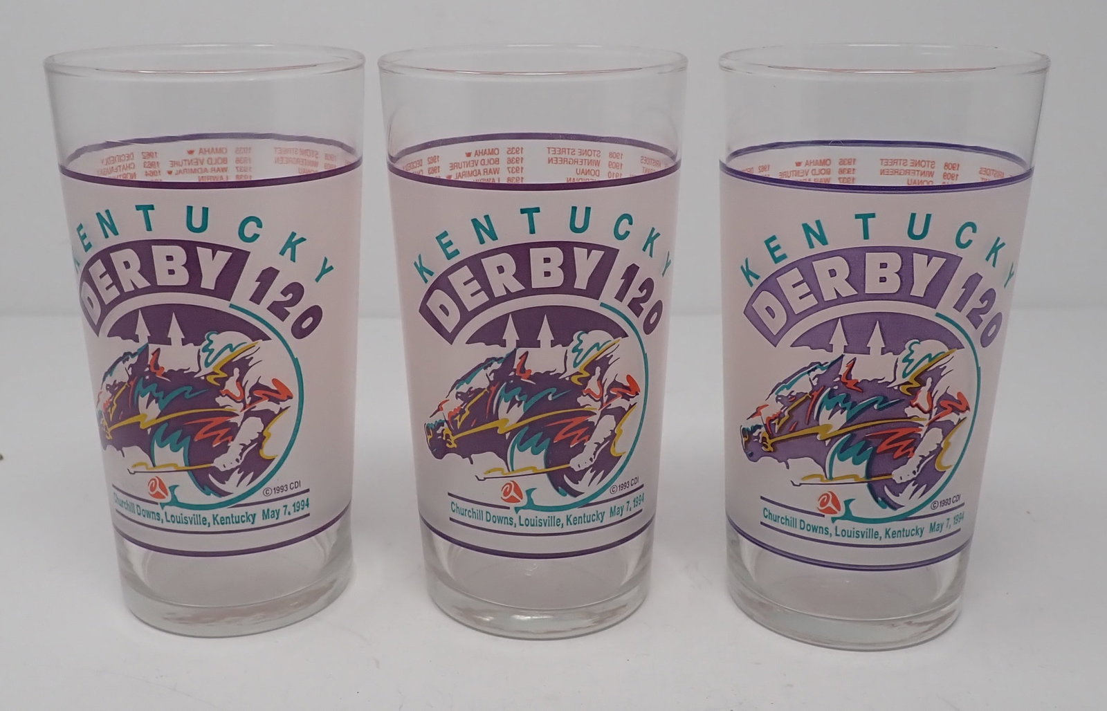 (3) 1993 Kentucky Derby Glasses: Apprx 2 3/4" in diameter and 5 3/8" tall. Shipping available