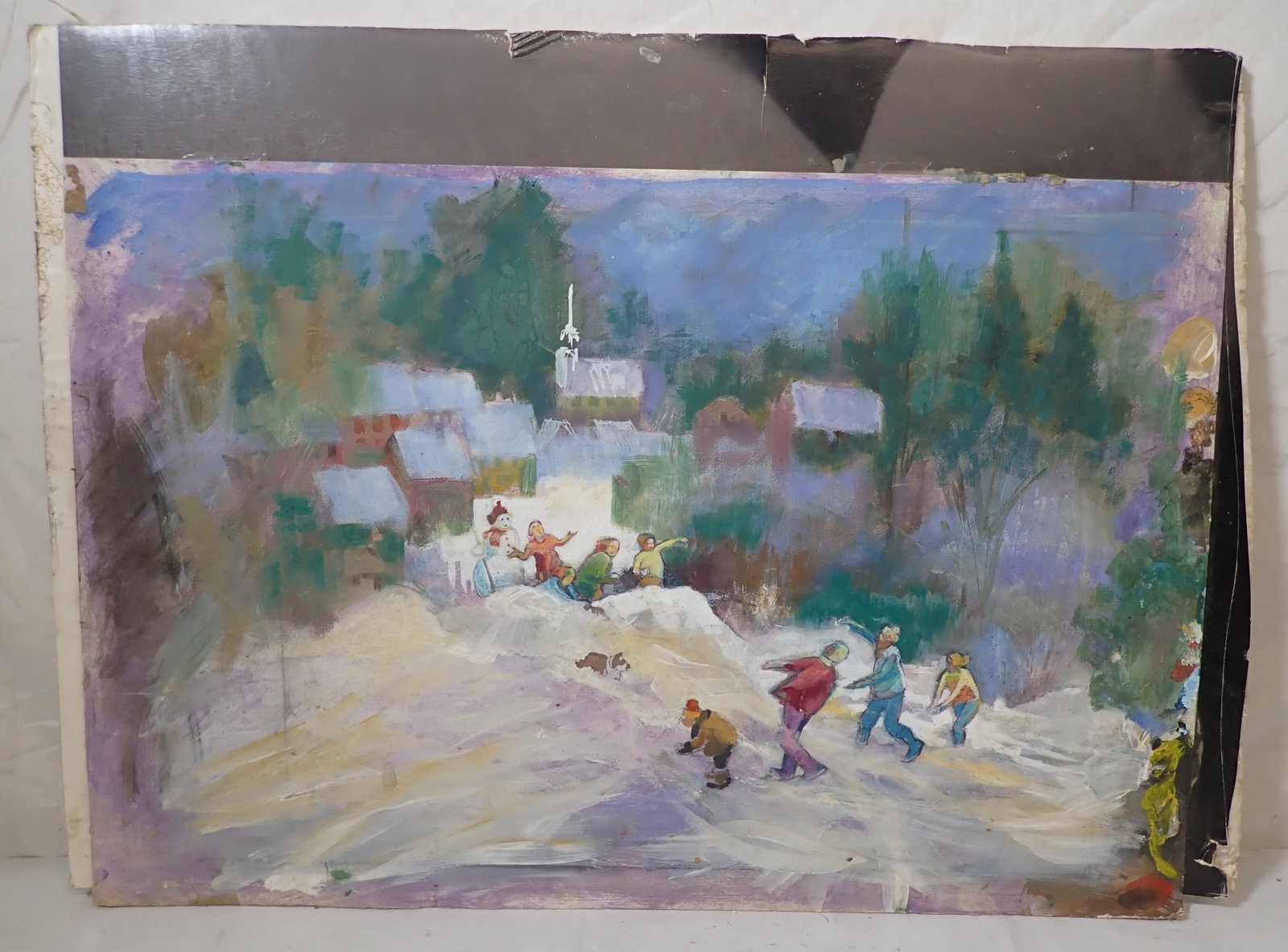 John Reilly Winter Scene Oil Painting: Oil painting on art board, attached to a piece of insulation. Overall measurements is approx 23 1/4" x 32". Shipping available ($20 handling charge, plus postage)