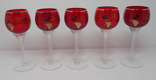 5 Bohemian Glasses w/ Twisted Stems & Decanter