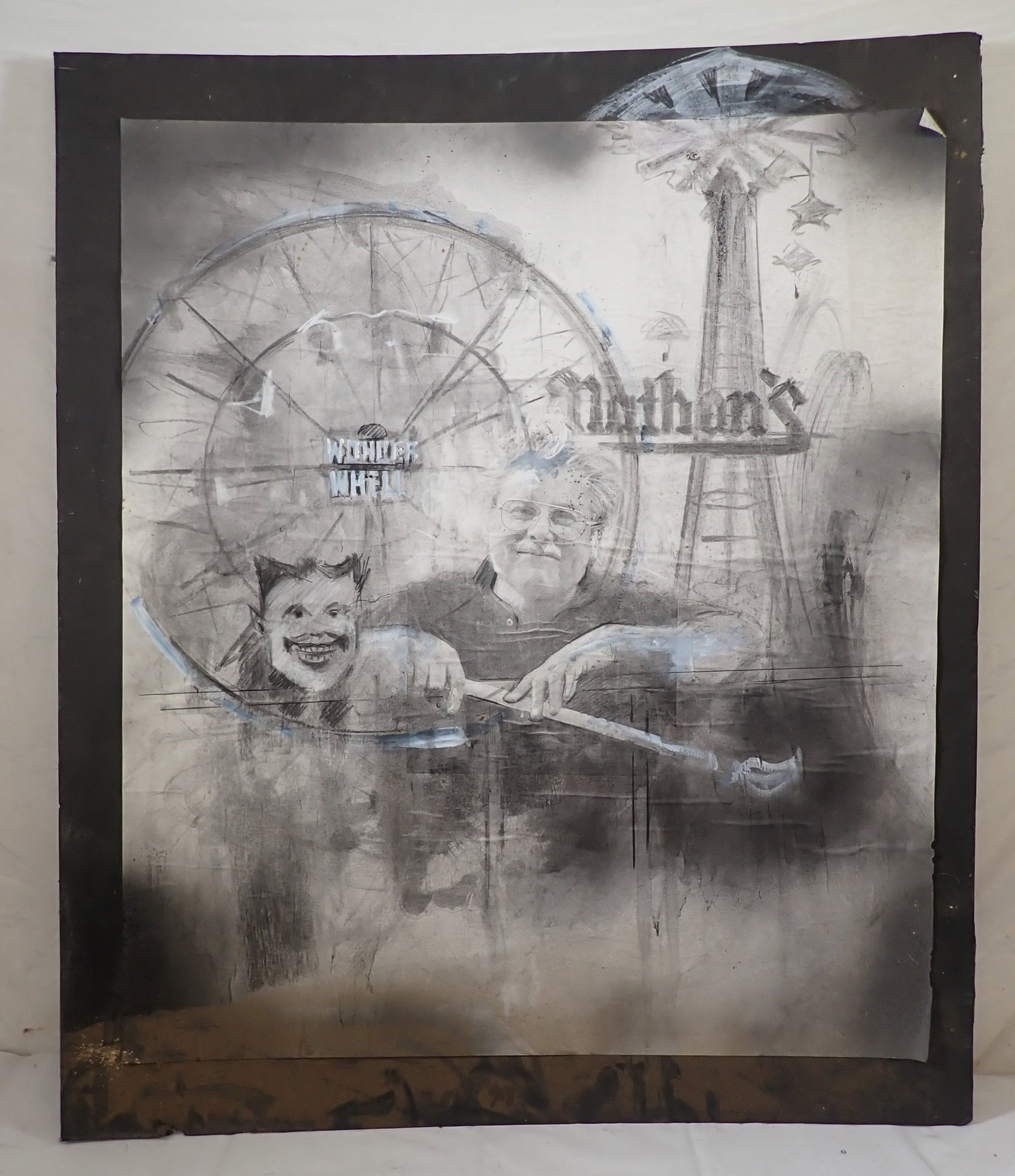John Reilly Coney Island / Portrait: Approx 40 1/2" x 48". Charcoal & Oil. Paper applied to foam board. Shipping available ($35 handling charge, plus postage).