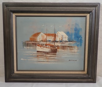 Wilson Harbor Scene Oil on Board Painting