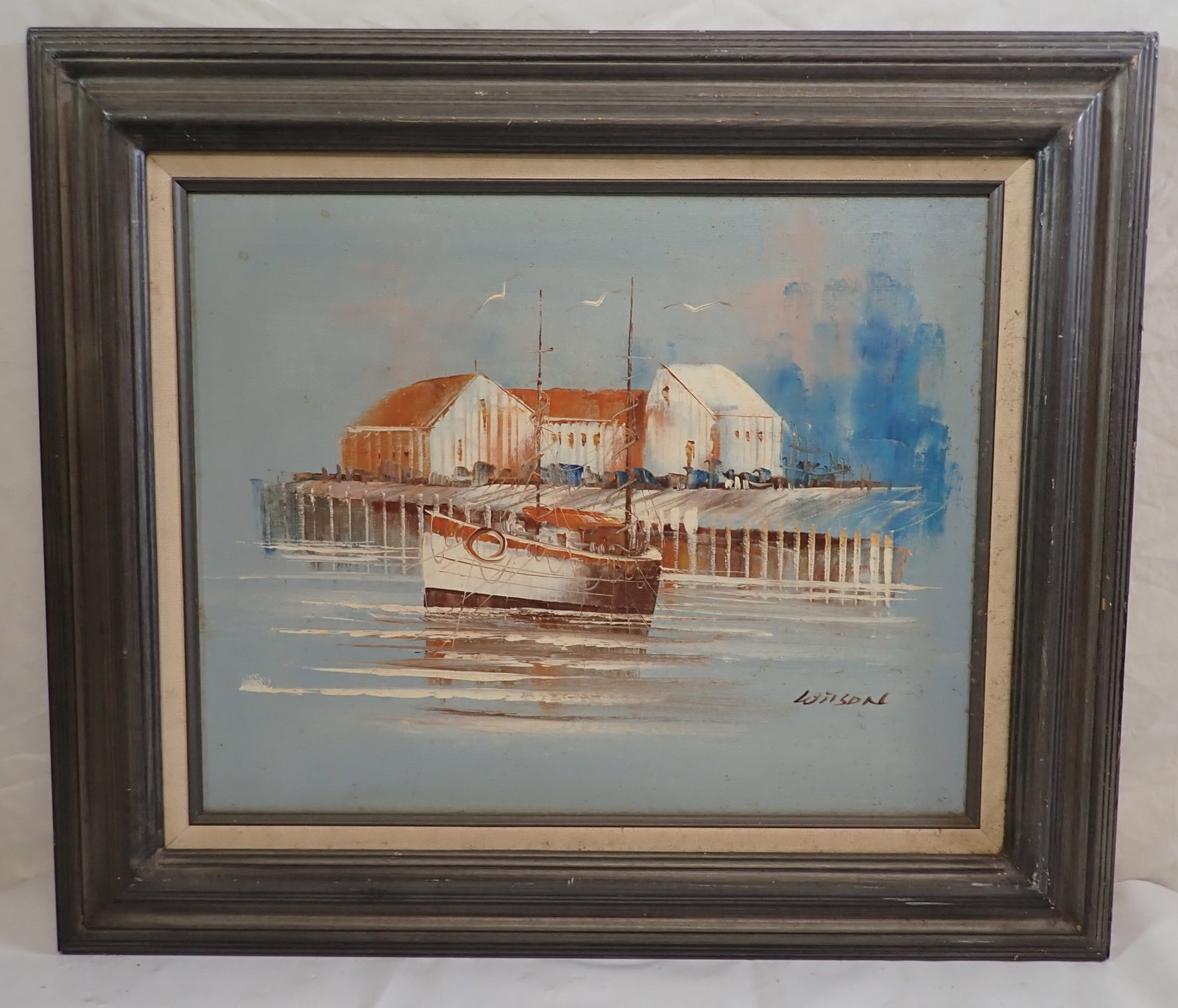 Wilson Harbor Scene Oil on Board Painting: Apprx 23 1/2" x 27 1/4". Shipping available ($25 handling charge, plus postage)