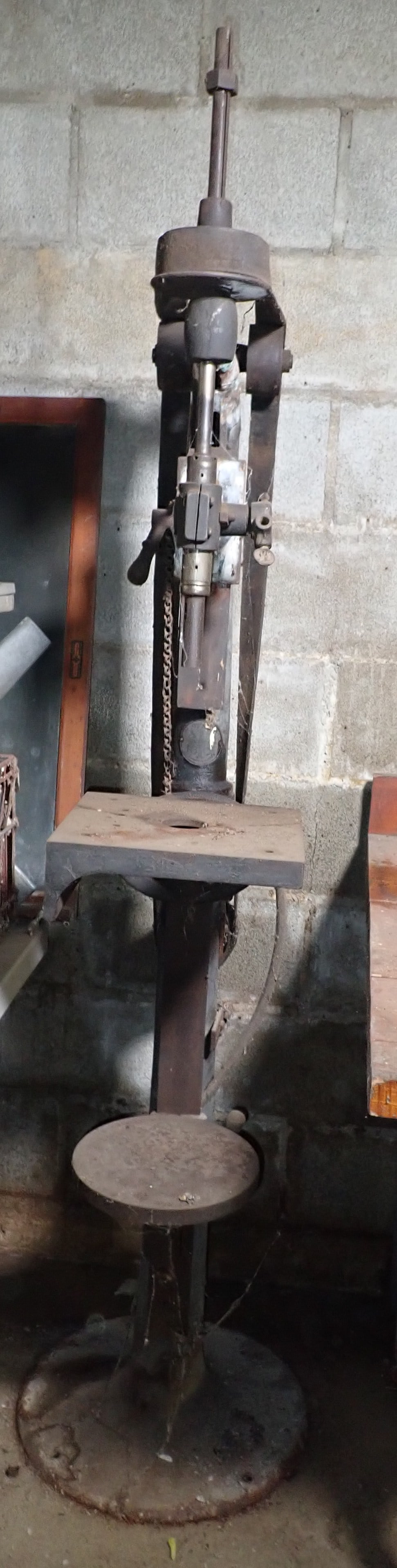 Myers Drill Press: Approx 6 1/2" throat and 74 1/2" total height. No in house shipping ! Bring help to remove !