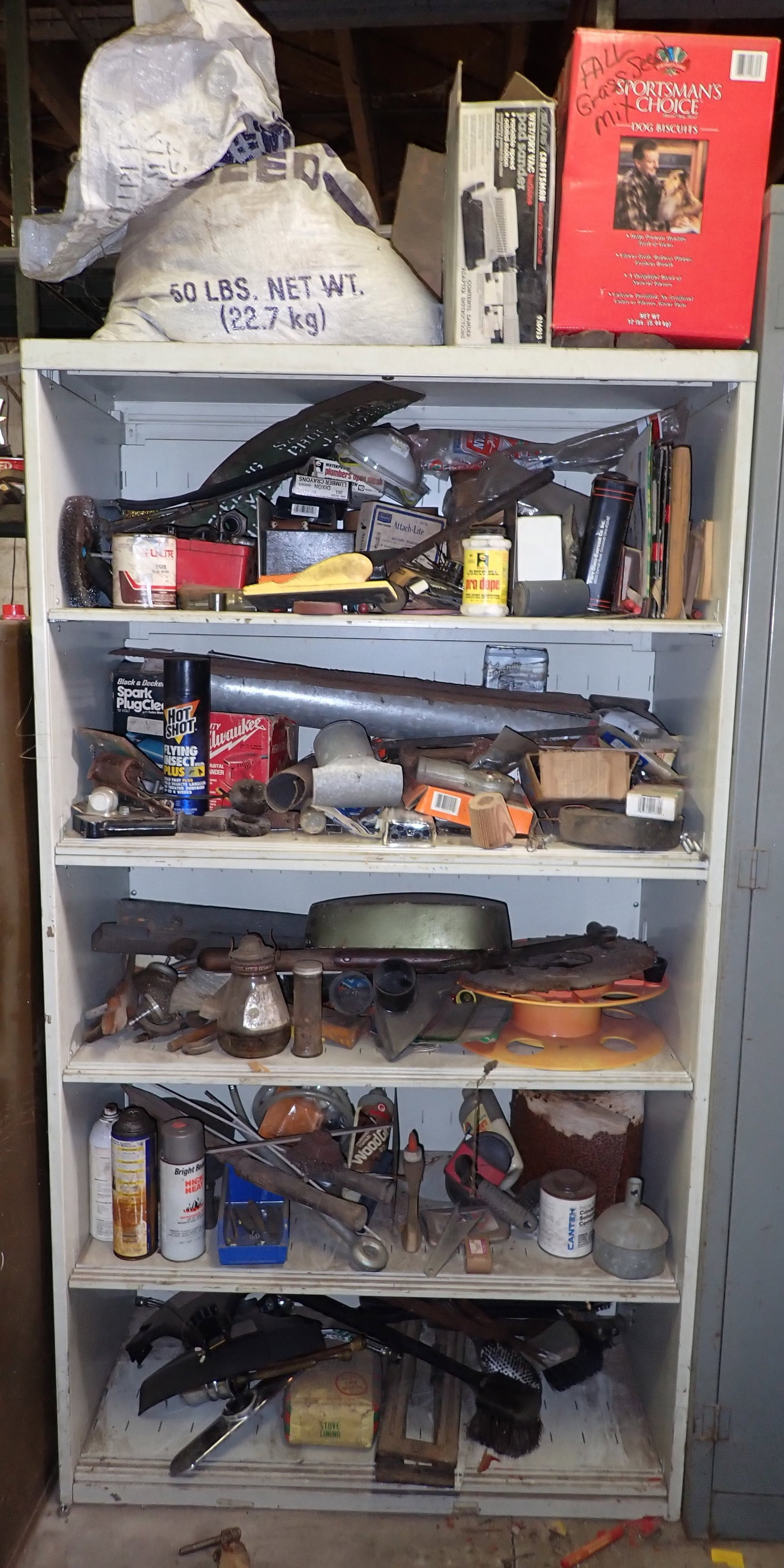 Shelf with Contents & Dolly: Shelf is approx 18" x 36" x 65" tall. Lot includes shelf, everything in and on it Take what you want and leave the rest. If you take the shelf and leave anything, it must be put in designated garbage 