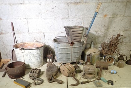 Wood Pullies Oil Cans Coal Scoop & Misc