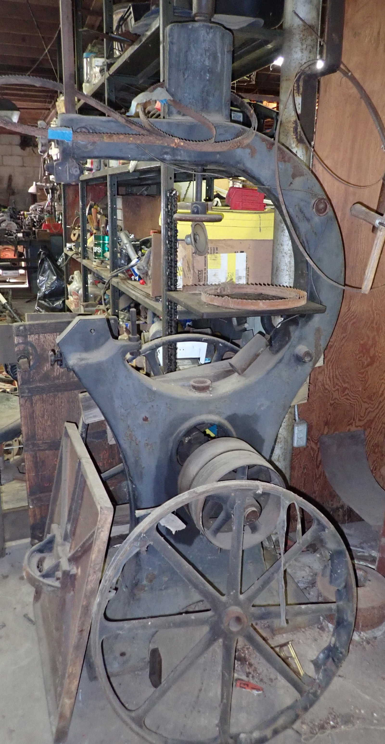 Antique Bandsaw: Approx 25" throat and 74 1/2" tall. No in house shipping ! Bring proper help, tools, and equipment to remove !