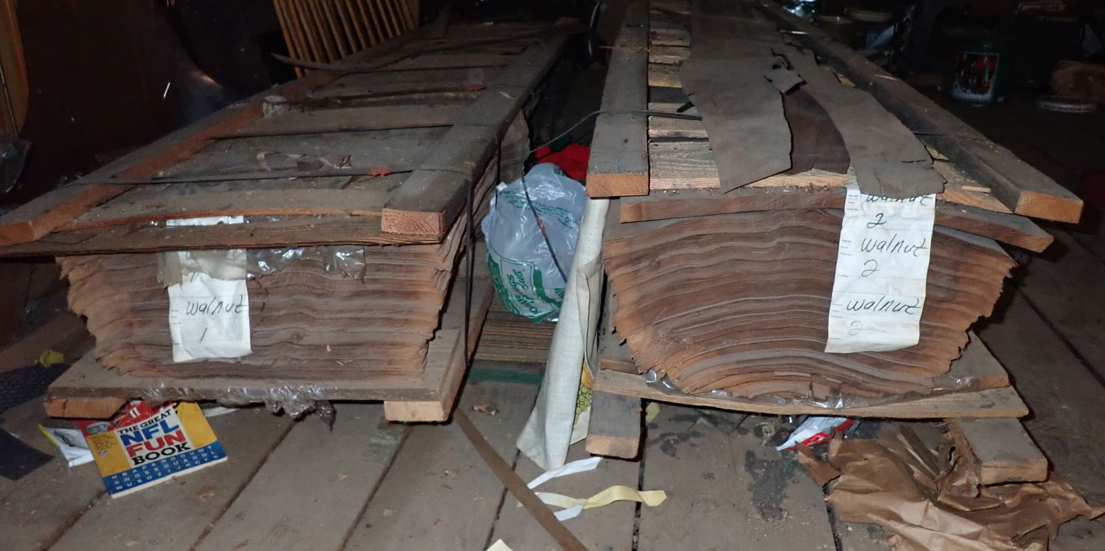 Black Walnut Veneer: Top pieces measure approx 18 3/4" x 9' long. This is located in the attic. Buyer is responsible for removing from attic. NO in house shipping ! They are guessing there are 500pcs in this lot. Use prev