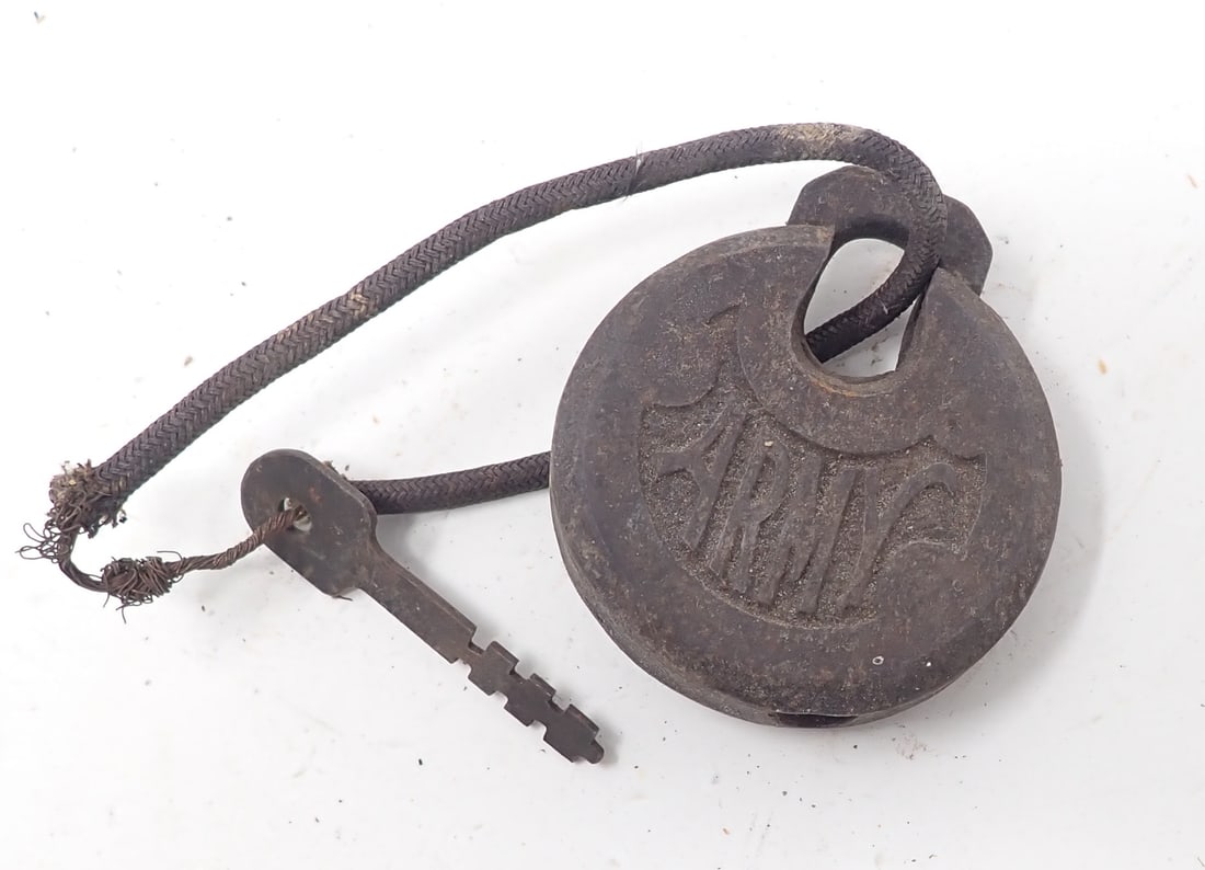 U.S. Army Padlock: Approx 2 3/8" x 2 5/8". Shipping available