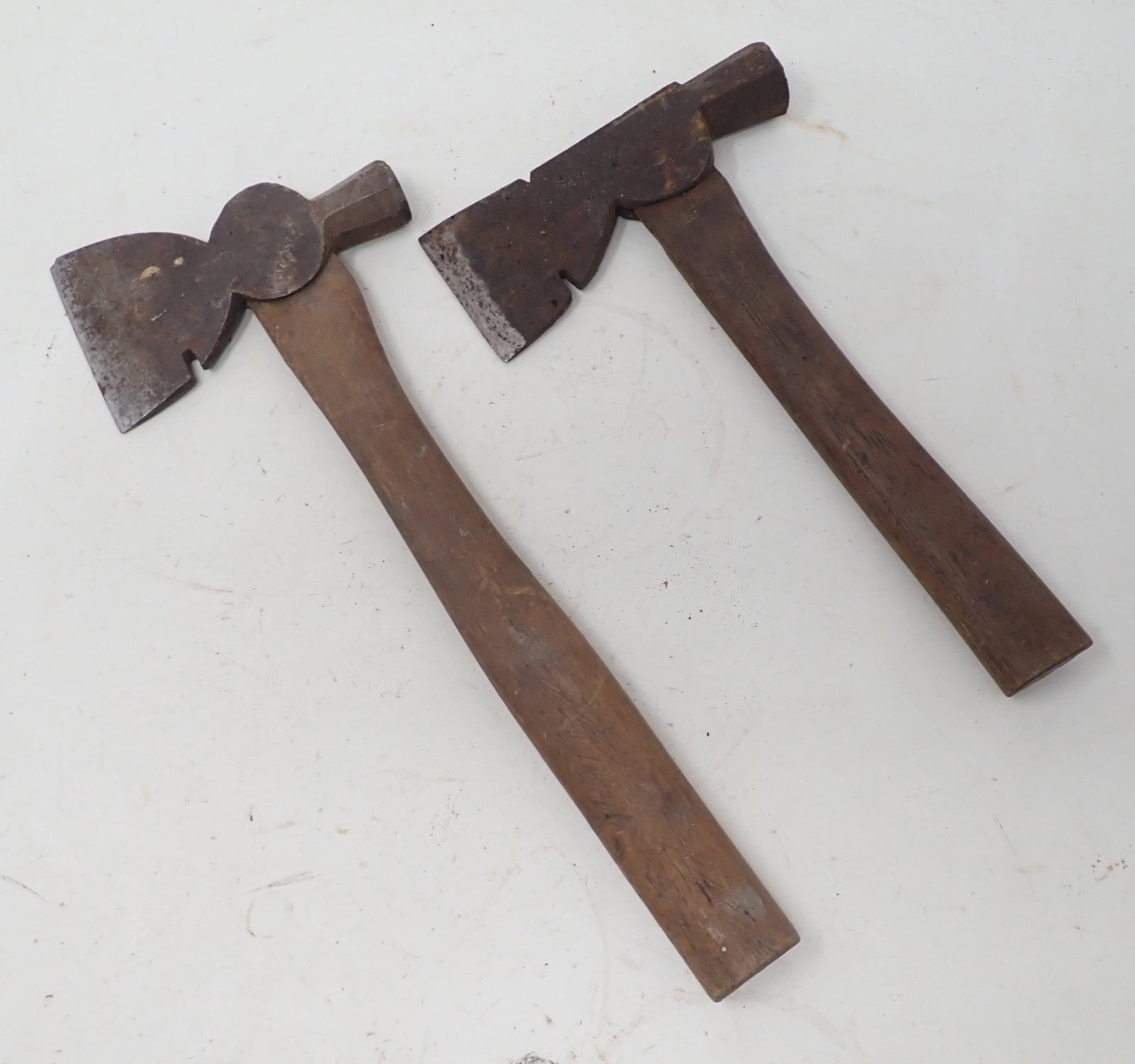 2 Axes / Hachets: Left one is apprx 13 3/4" long. Head is approx 3" x 5 1/8". Shipping available