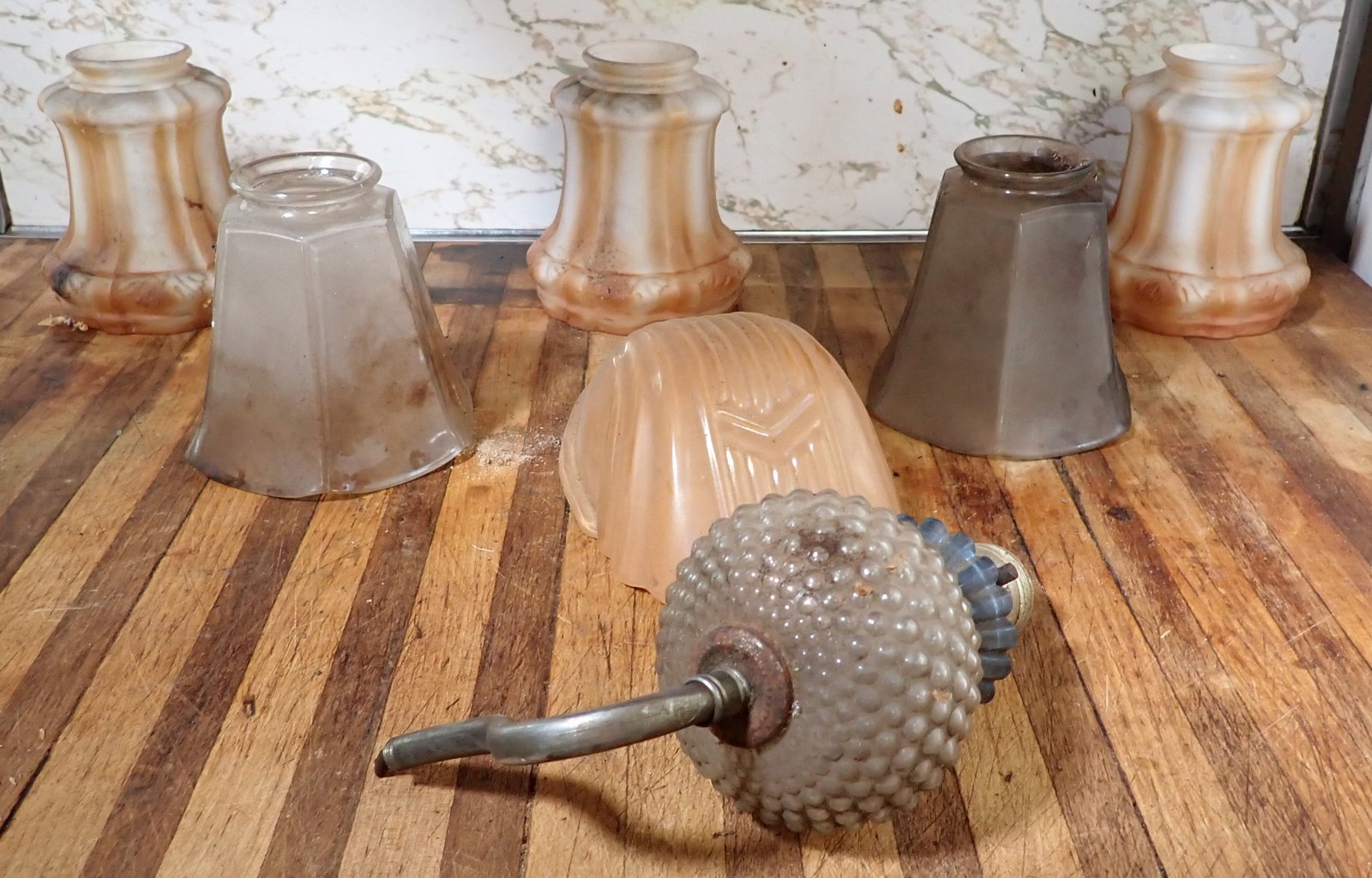 Shades & Lighting: Matching 3 are approx 4 1/4" in diameter , 5" tall, 2 1/8" fitter. No in house shipping !