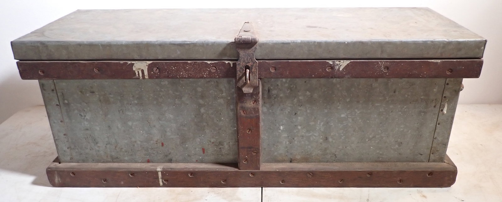 Antique Zinc Wrapped Tool Box: Approx 11 7/8" x 34 1/2" x 13" tall. NO in house shipping !