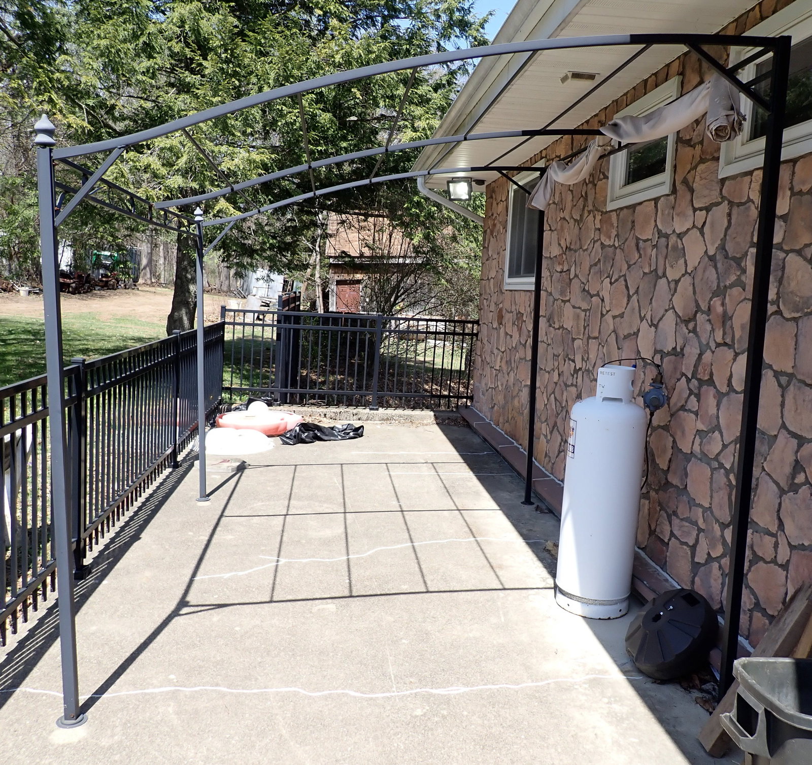 Canopy Frame: Approx 9'7 1/2" x 8'2" x 8'2" tall. No in house shipping ! Bring proper help and tools to take apart.