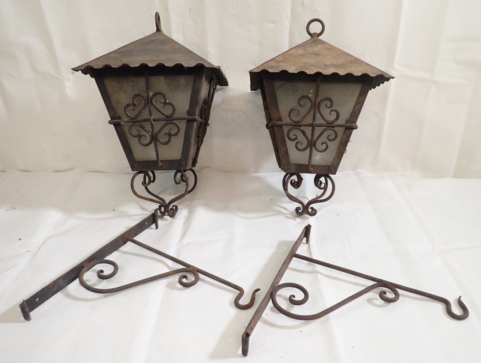 Pair of Porch Lights & Hangers: Apprx 11" x 11" x 17 1/4" tall. Need to be wired. Shipping available ($30 handling charge, plus postage)