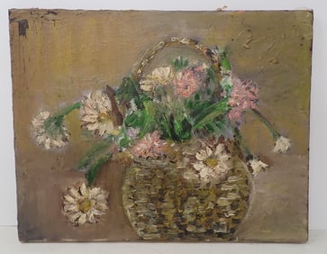 Still Life Flower Basket Oil on Canvas Painting