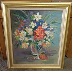 John Reilly Still Life Flowers Oil on Board Painting