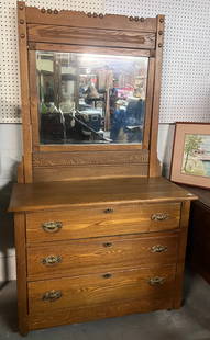 Eastlake Oak Dresser w/ Mirror: Approx 19" x 42 1/2" x 76 1/4" tall. No in house shipping ! Bring help to remove !