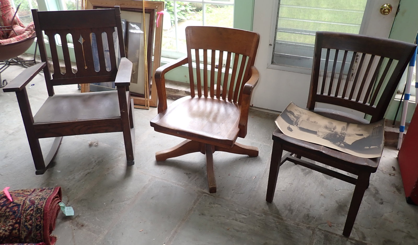 Oak Desk Chair Side Chair & Mission Rocker: Rocker is approx 25 1/2" wide, 14 1/2" to seat, 19" deep, 35" tall. Print on side chair is also included. Must take all 4 pieces. NO in house shipping