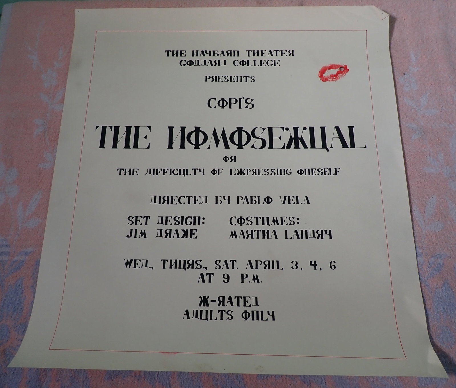 Goddard College Haybarn Theater Homosexual Poster: The Homosexual , Directed by Pablo Vela, X-Rated Adults Only Poster. Approx 21" x 23". Seems to be done in ink (by hand). Shipping available