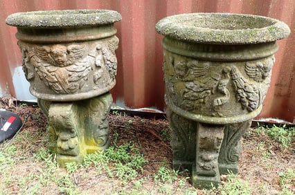 Pair of Concrete Garden Planters w/ Cherubs
