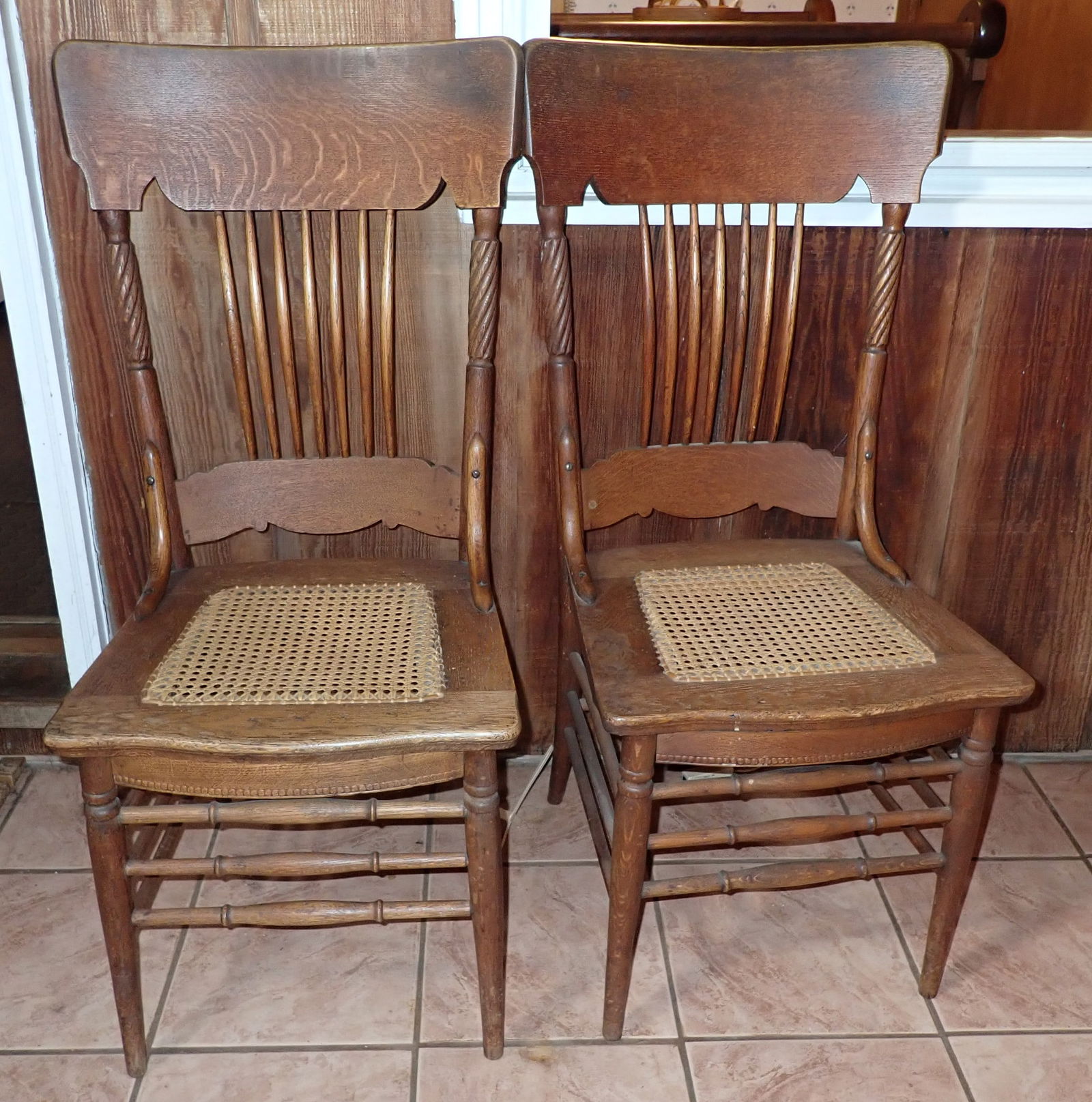 Pair of Oak Cane Seat Dining Chairs