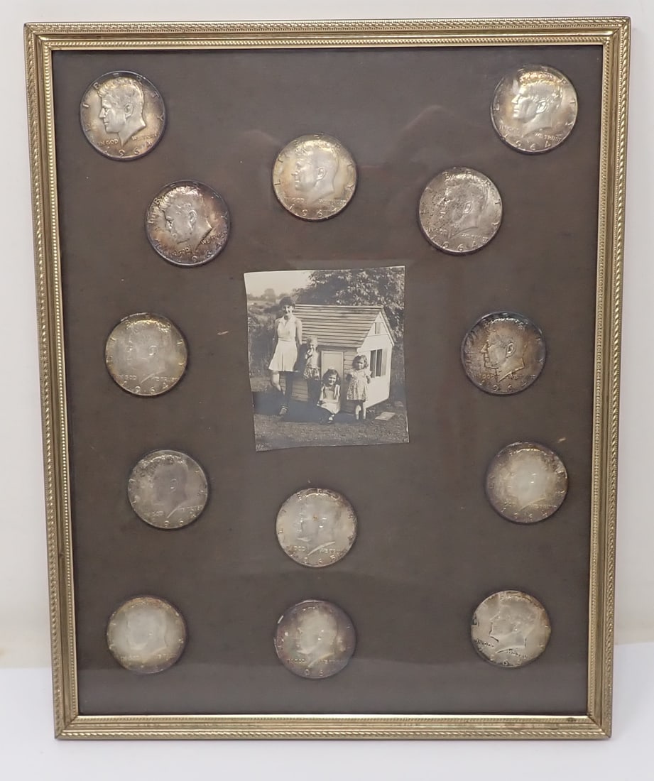 (13) 1964 Kennedy Silver Halves: Frame is apprx 8 1/8" x 10 1/8". Shipping available