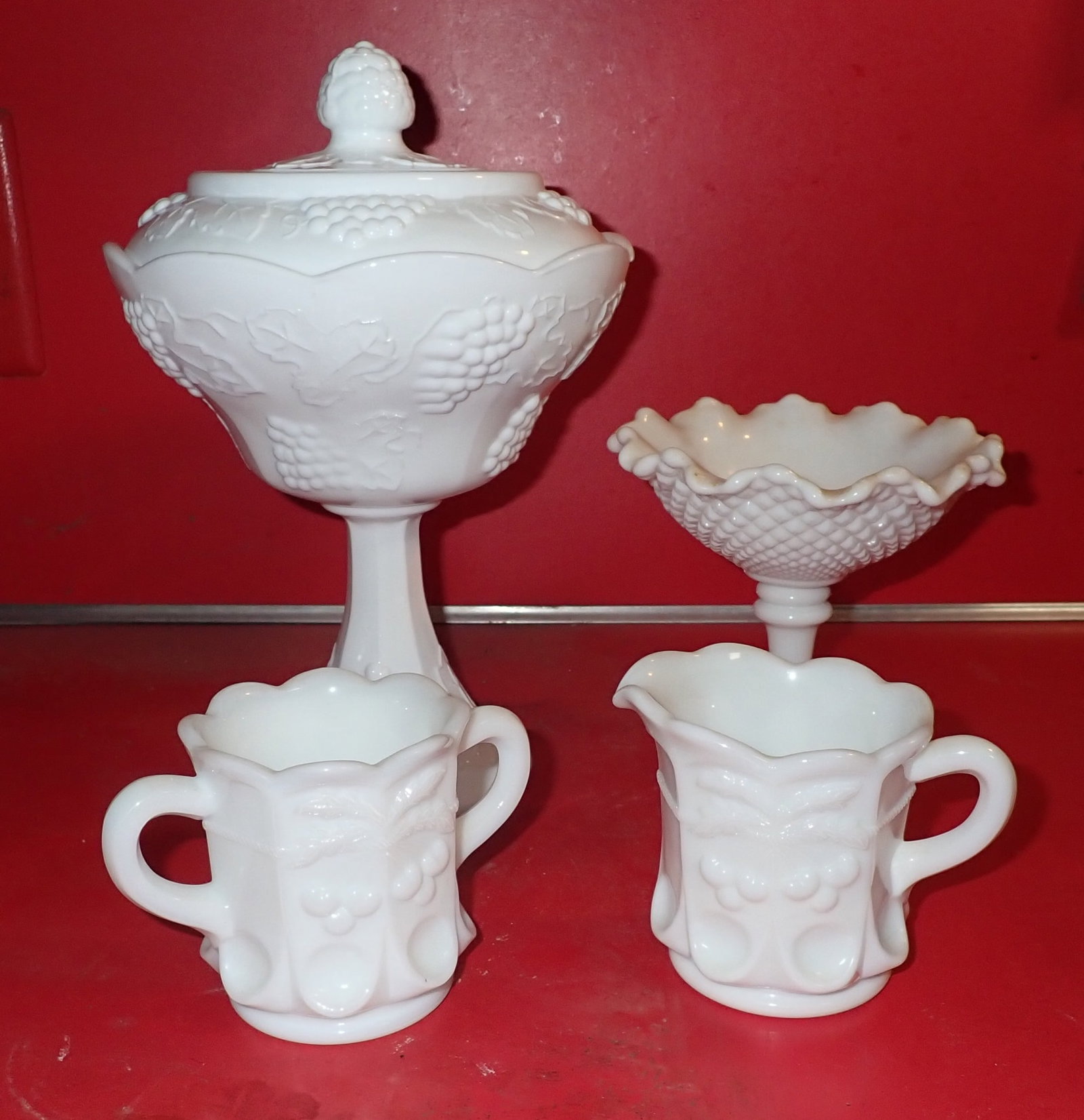 Milk Glass Compotes Creamer & Sugar: Tallest is approx 9 1/2" tall. Shipping available ($20 handling charge, plus postage)