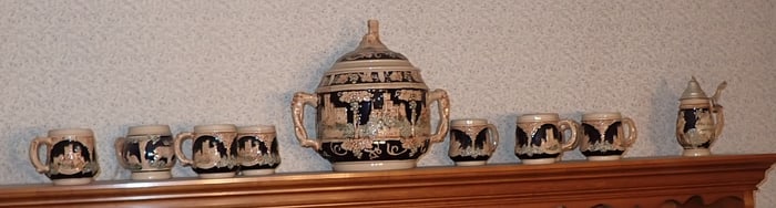 German Stoneware Punch Bowl Cups & Stein