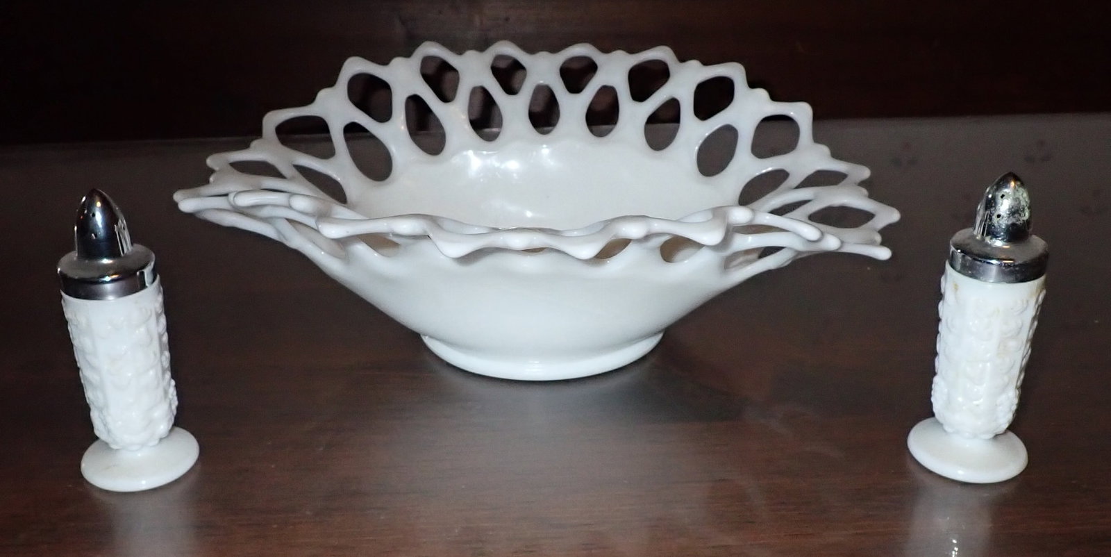 Milk Glass Basket w/ Salt & Pepper Shakers: Basket is apprx 10 7/8" x 12 7/8" x 4" tall. Shipping available