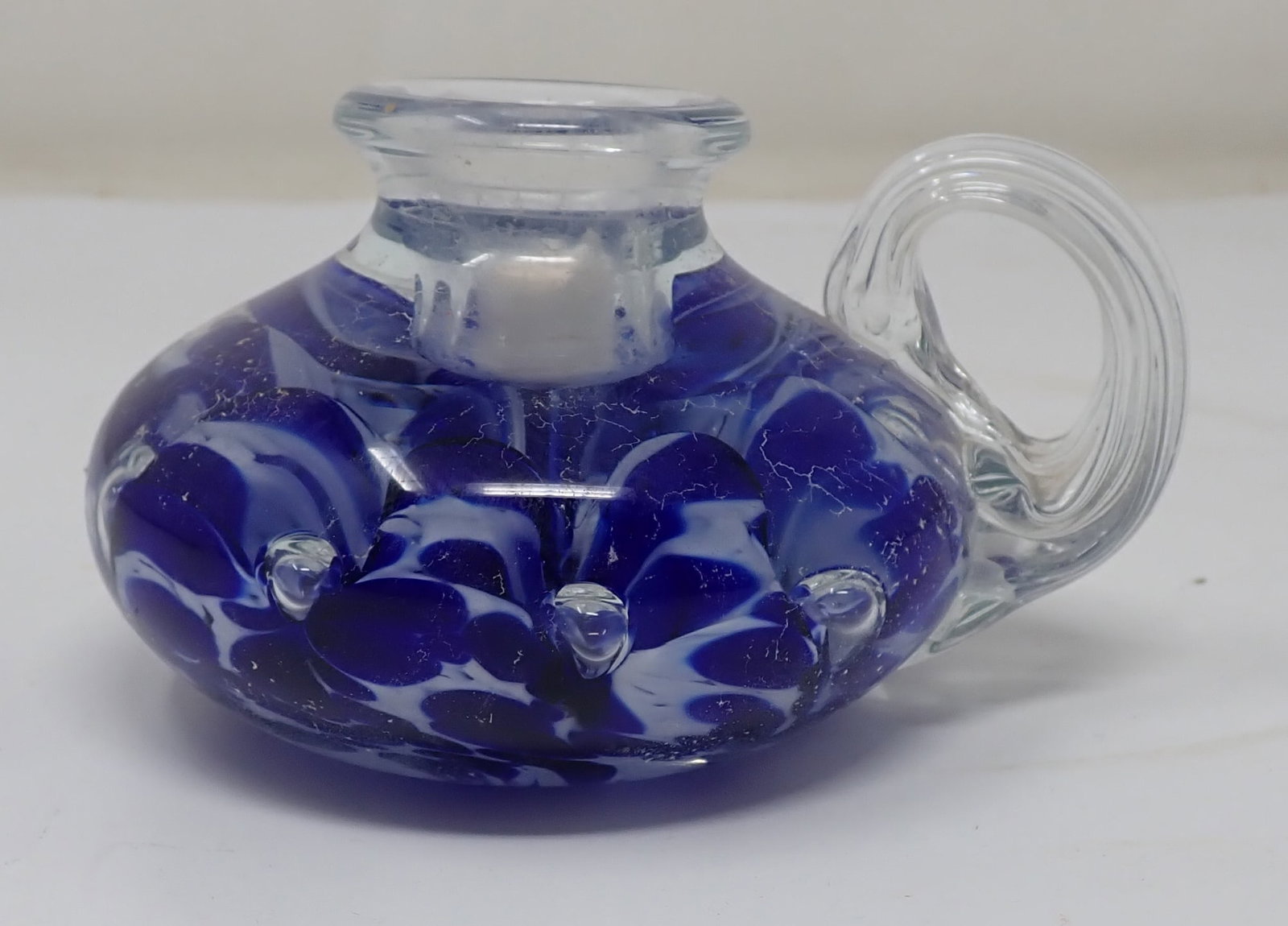1994 Art Glass Candle Holder: Approx 3 1/2" in diameter and 2 1/2" tall. Shipping available