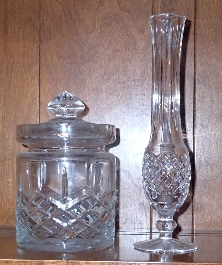 Crystal Jar & Waterford Vase: Vase is apprx 9 3/8" tall. Vase is marked Waterford. Shipping available