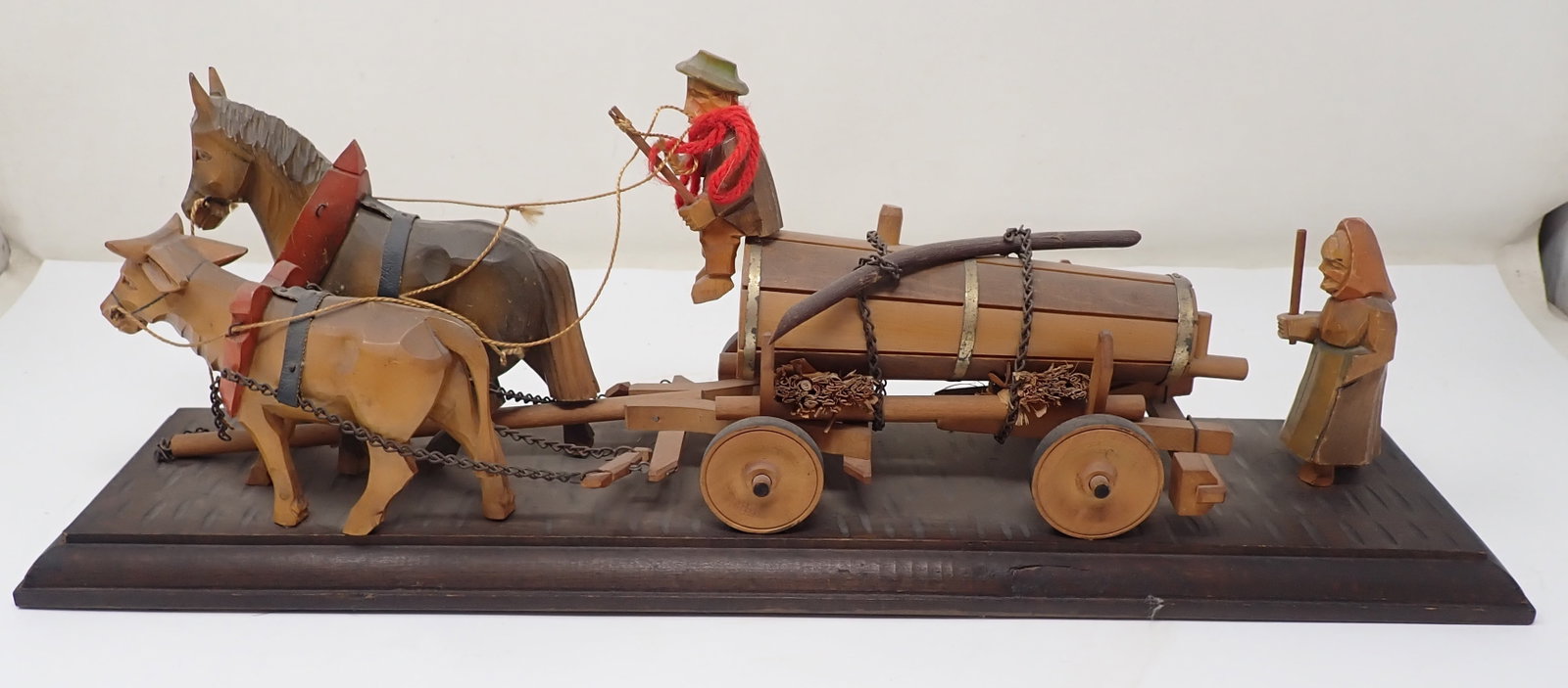 Wooden Ox & Mule Keg Wagon: Apprx 4 1/2" x 18 7/8" x 7" tall. No in house shipping