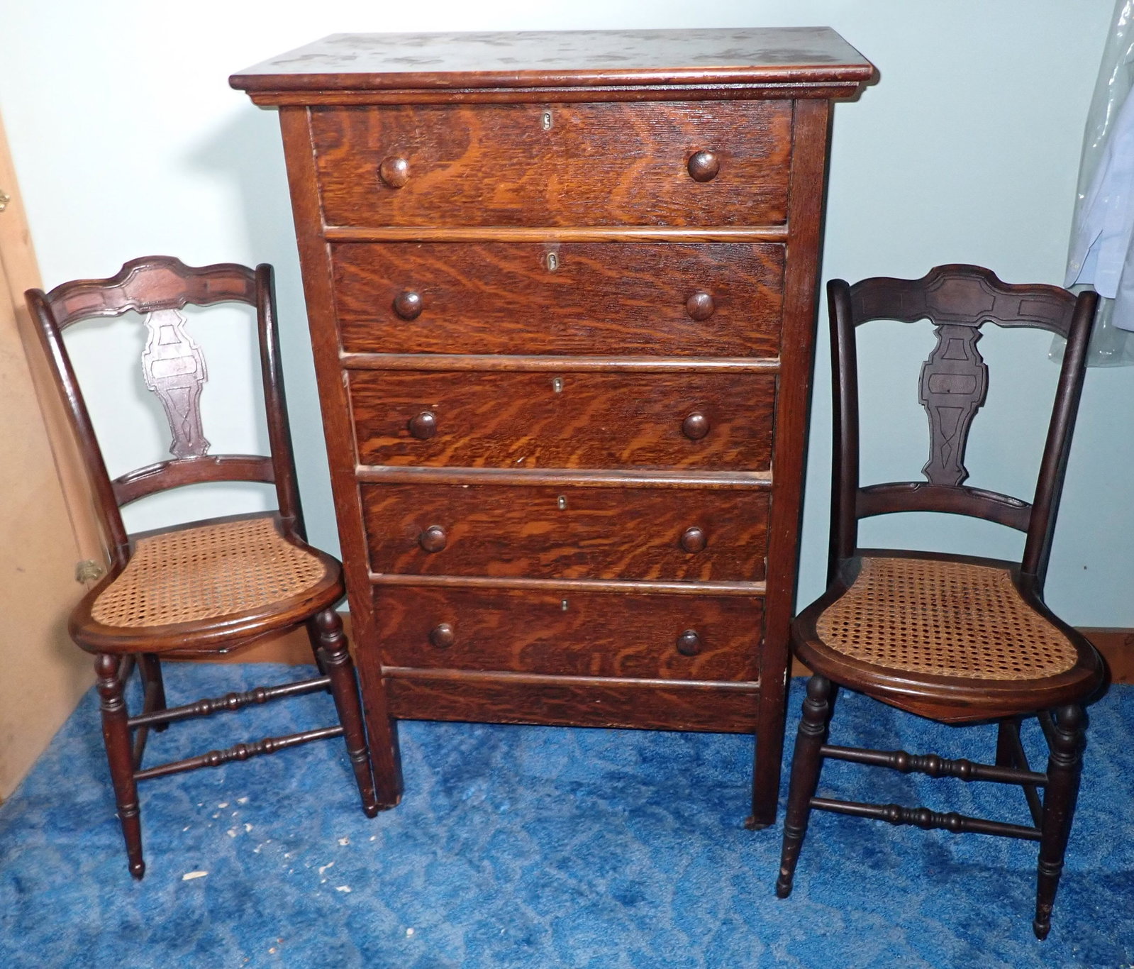 5 Drawer Chest & 2 Side Chairs: Chest is approx 17 1/2" x 29" x 46 1/2" tall. No in house shipping ! Take what you want and leave the rest.